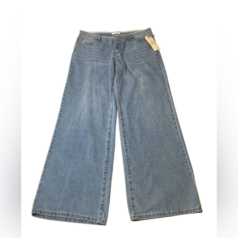 Austin Landing Wide Leg Medium Wash 100% Cotton Faux Pearls Waist Detail size 13